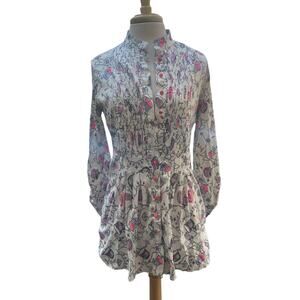 Green & Country Mini Shirt Dress Women's Size 42 White Printed Pintuck Button Up